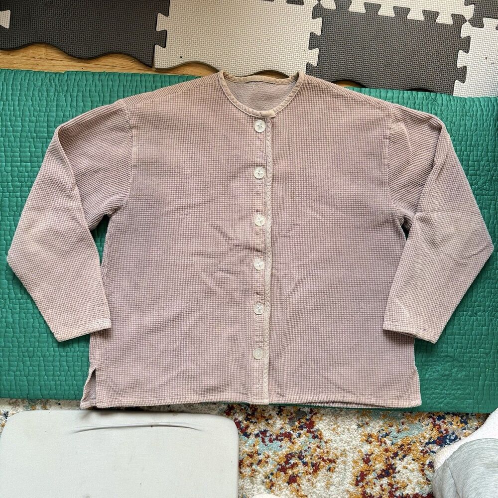 Vintage Waffle Print Chenille House Chore Barn Coat Jacket Sz L Mauve Purple 70s